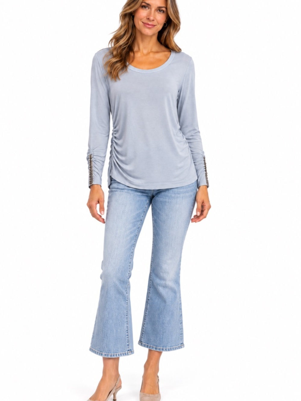 Luisa Cerano long sleeve top 12 baby blue ruching bling luxury satin layering